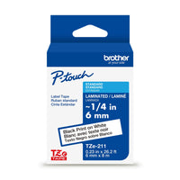 Brother - TZe211 Ruban laminé authentique pour étiqueteuses P-touch - 6 mm de largeur x 8 m de longueur - blanc avec texte noir-Ruban laminé TZe blanc avec texte noir d’une largeur de 6 mm pour étiqueteuses P-touch de Brother