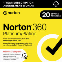 Norton - 360 Platnium logiciel antivirus - 20 appareils - abonnement d'un an [téléchargement]-Une adresse e-mail valide doit être fournie lors du paiement