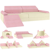 Qaba - canapé modulaire pour enfants 12 pcs, canapé sectionnel pour enfant - rose-Ce canapé modulaire de 12 pièces, incluant un toboggan, inspire des configurations créatives infinies
