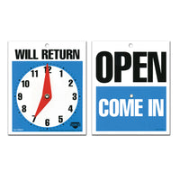 Cosco - Panneau de porte intérieur/extérieur Ouvert / Entrez / Je reviens avec horloge - 5,25 po x 6 po-Ce panneau de porte réversible affiche les messages Ouvert, Entrez et Reviens pour communiquer clairement votre disponibilité aux clients ou visiteurs