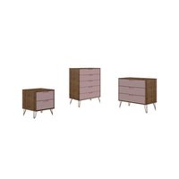 Manhattan Comfort - Ensemble de commode de chambre à coucher Rockefeller style milieu du siècle 3 pièces - nature et rose pâle-Commode haute moderne du milieu du siècle, commode standard et table de chevet pour chambre à coucher, ensemble de 3