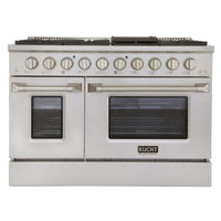Kucht - 48 po Série KNG Cuisinière Pro Style au gaz naturel - Acier inoxydable-Cuisinez et pâtissez comme un professionnel grâce à deux fours séparés dotés de larges vitres. Le four principal est un four robuste en porcelaine bleue d’une capacité de 4,2 pi³, tandis que le four latéral supplémentaire offre une capacité de 2,5 pi³