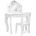 Qaba - Coiffeuse pour enfants avec miroir à trois volets, chaise - blanc-Ensemble de deux pièces comprenant une coiffeuse et une chaise assortie  
