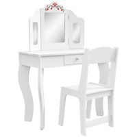 Qaba - Coiffeuse pour enfants avec miroir à trois volets, chaise - blanc-Ensemble de deux pièces comprenant une coiffeuse et une chaise assortie  
