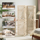 HOMCOM - Paravent autoportant à 4 panneaux motif feuille de palmier pour bureau à domicile ou chambre - finition bois naturel-Le design pliant avec 12 charnières métalliques facilite le rangement  
