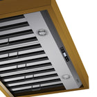 KUCHT KRH36SG 36 po Hotte murale - 900 CFM - Acier inoxydable avec accents dorés-Équipée de deux lampes DEL de 1,5 W, cette hotte pro au design sans joint offre une meilleure visibilité pendant la cuisson et met en valeur l’apparence de votre cuisinière Kucht Pro