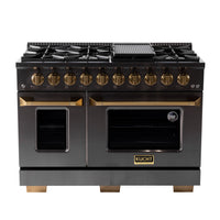 Kucht - 48 po Série KED style professionnel à double combustible - Gemstone-Cuisinez et pâtissez comme un professionnel grâce à deux fours séparés avec grandes fenêtres de four : le four principal en porcelaine bleue robuste offre 4,2 pi³ de capacité, tandis que le four latéral additionnel dispose de 2,5 pi³