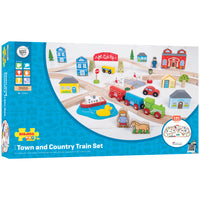 Bigjigs Toys - Coffret de train Ville et Campagne-Un passage à niveau et un bateau divertiront les jeunes esprits avec des scénarios de jeu sans fin