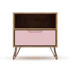 Manhattan Comfort - Table de nuit Rockefeller 20,08" style mid-century moderne à 1 tiroir - Nature et Rose Pink-Table de chevet mi-siècle moderne pour chambre et salon