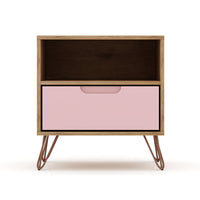 Manhattan Comfort - Table de nuit Rockefeller 20,08" style mid-century moderne à 1 tiroir - Nature et Rose Pink-Table de chevet mi-siècle moderne pour chambre et salon
