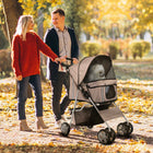 PawHut - Poussette pour chien à 4 roues, transporteur pliable pour chien et chat avec auvent pare-soleil, frein, laisse de sécurité, porte-gobelet, brun-Roues avant universelles et deux roues arrière avec frein inclus pour un stationnement facile 