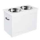 PawHut - Gamelles surélevées pour chien, distributeur de nourriture pour grands chiens avec rangement - blanc-Le support de gamelle pour chien est fabriqué en panneau MDF de grade P2 et en acier inoxydable, très solide et résistant à la rouille 
