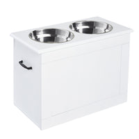 PawHut - Gamelles surélevées pour chien, distributeur de nourriture pour grands chiens avec rangement - blanc-Le support de gamelle pour chien est fabriqué en panneau MDF de grade P2 et en acier inoxydable, très solide et résistant à la rouille 