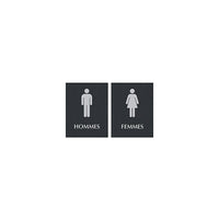 Headline Sign - Affiches « HOMMES » et « FEMMES », paq. combiné, français-Aspect contemporain - argent sur noir avec pictogrammes et braille  