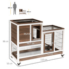 PawHut - Clapier d’intérieur pour lapin, cage à lapin avec roulettes, bac de course, marron - 43,3 po L x 19,7 po l x 34,6 po H-Fabriqué en bois de sapin avec du fil d’acier 