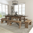 Flash Furniture - Ensemble de table de campagne pliante rustique antique de 8 pi x 40 po de la série HERCULES et 6 bancs-Table à manger de campagne avec finition en teinture blanche rustique