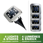 Bell + Howell - Lampadaires d’extérieur à disque solaire avec 8 ampoules à DEL - Paquet de 4-Résistants aux intempéries et durables : Dotés d’une conception résistante à l’humidité et d’un boîtier métallique résistant à la rouille, ces lampes sont conçues pour résister à de fortes pluies et aux éléments extérieurs, assurant des performances fiables et durables