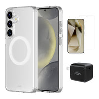 AXS - Ensemble de départ - étui Ultra Clear transparent testé contre les chutes, protecteur d’écran et chargeur 30w pour Samsung Galaxy S25+-Étui résistant aux chutes avec des poches d’air absorbant les chocs