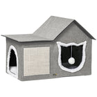 PawHut - Grand lit pour chat, maison intérieure avec coussin, grattoir - gris-Multifonctionnel avec espace de repos, planche à gratter et jouet balle suspendue 