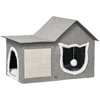 PawHut - Grand lit pour chat, maison intérieure avec coussin, grattoir - gris-Multifonctionnel avec espace de repos, planche à gratter et jouet balle suspendue 