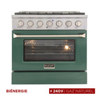 Kucht - 36 po Série KDF Cuisinière Pro Style au gaz naturel - Acier inoxydable/Vert-La cuisinière à gaz à 6 brûleurs comprend un brûleur double de 20 000 BTU avec mode mijotage, un brûleur de 15 000 BTU, un brûleur de 12 000 BTU, deux brûleurs de 9 000 BTU et un brûleur de 6 000 BTU