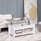 HOMCOM - Table basse relevable avec rangement caché et étagères ouvertes - blanc-Les étagères ouvertes en bas offrent un espace de rangement et d’exposition supplémentaire