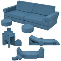 Qaba - Ensemble de construction de fort modulaire pour enfants, canapé de jeu, 12 pièces - Bleu-L'ensemble de 12 pièces permet de construire des voitures, des châteaux, des fusées et bien plus encore 