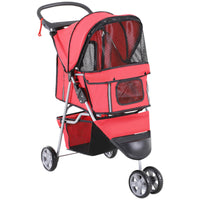 PawHut - Poussette de luxe à 3 roues pour animaux avec frein, auvent, porte-gobelets, rouge-Conception légère et pliable pour faciliter le rangement et le transport 
