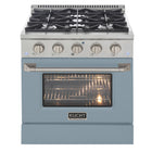 Kucht - 30 po Série KNG Cuisinière Pro Style au gaz propane - Acier inoxydable/Bleu pâle-Cette cuisinière à gaz à quatre brûleurs comprend deux brûleurs de 15 000 BTU et deux brûleurs de 9 000 BTU