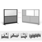 Luxor - Mur modulaire 53 x 48 - Cadre noir large, fenêtre givrée, PET gris frais-Conception avec panneaux en acrylique givré et panneaux acoustiques en PET