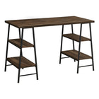 Monarch Specialties - 7525 Bureau 48 po L - Faux Bois Brun/Metal Noir-Bureau d'ordinateur de style industriel avec 4 tablettes fixes et ouvertes soutenues par des pieds de style chevalet dans une finition en métal noir