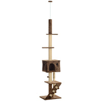 PawHut - arbre à chat du sol au plafond 89 po-100 po hauteur réglable - brun-Hauteur réglable de 88,6 po à 100,4 po (225-255 cm) pour s’adapter à différentes hauteurs de plafond 