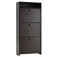 HOMCOM - Armoire à chaussures étroite avec 3 abattants et étagère ouverte - café-Le meuble à chaussures moderne s’harmonise avec la plupart des styles de mobilier 