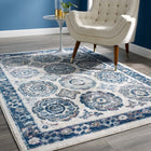 Modway - Entourage Treillis marocain floral vieilli d’Odile Tapis de 5 pi l x 8 pi L - Ivoire et bleu-Tissage serré à poil bas
