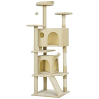 PawHut - Arbre à chat 63 po H, avec deux niches pour chat - blanc crème-Le centre de jeux d'activité garde les chats divertis et actifs 