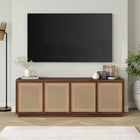 Hudson&Canal - Meuble TV Pryce pour téléviseurs jusqu'à 78" - Noyer satiné/rotin naturel-Fabriqué en MDF robuste et en faux rotin de couleur naturelle dans une finition grainée noire artisanale