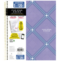Five Star - Cahier Style à 3 matières – 11 po H x 8 1/2 po l – 240 pages-120 feuilles lignées à réglure étroite qui résistent aux bavures d'encre.