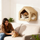 PawHut - Maison pour chat murale - étagère avec coussin lavable-Tressé à la main à partir de jonc naturel, ajoutant une touche chic à votre décoration 
