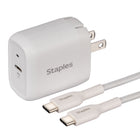 Chargeur mural USB-C GaN 30 W de Staples avec câble tressé USB-C de 3 pi – Blanc-La technologie GaN à chargement rapide prévient la surchauffe et la surcharge
