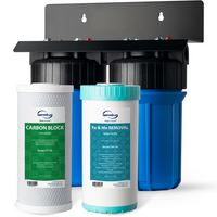 iSpring - WGB21BM système d'eau à 2 étapes pour toute la maison - réduction du fer et du manganèse - 4,5 po x 10 po-Filtration efficace en deux étages: Notre filtre de deuxième étage (FM15B) est spécialement conçu pour éliminer le fer et le manganèse, réduisant le fer (max. 3,0 ppm à 0,01 ppm) et le manganèse (max. 1,0 ppm à 0,01 ppm). Utilisant du charbon de noix de coco de haute qualité et une technologie de fabrication très compacte, le filtre CTO de première étape (FC15B) élimine la turbidité ainsi que 