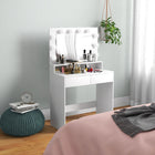 HOMCOM - Coiffeuse avec miroir éclairé - 31,5 po L x 15,7 po l x 53,1 po H - blanc-Deux tiroirs et trois compartiments simplifient la catégorisation des objets 