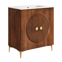 Modway - Vernon 30" Bois cannelé Armoire de coiffeuse avec évier - Blanc noyer-Meuble de salle de bain autoportante de 30"