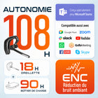 Delton - Casque d'ordinateur Bluetooth sans fil 95X avec réduction de bruit, compatible MS Teams, noir-Offre une autonomie impressionnante de 108 heures au total, combinant les 18 heures du casque lui-même et les 90 heures supplémentaires fournies par le boîtier de recharge.
