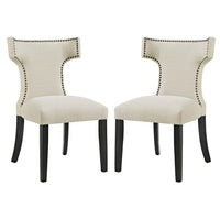 Modway - Curve Tissu Fauteuil d’appoint de salle à manger Ensemble de 2 - Beige-Cadre en bois massif
