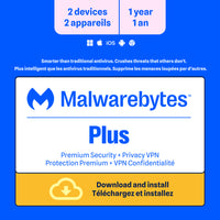 Malwarebytes Standard Premium Security + Privacy VPN - 2 appareils - Abonnement d'un an - Bilingue [Téléchargement]-Une adresse e-mail valide doit être fournie lors du paiement