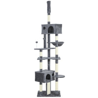 PawHut - Arbre à chat du sol au plafond 91-98 po H, avec 2 niches - gris foncé-Comprend une barre de tension réglable pour des plafonds de 90,6 po à 98,4 po (230-250 cm), sans besoin de perçage 