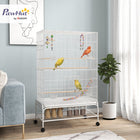 PawHut - Cage à oiseaux 52 po H avec support roulant, jouets, plateau amovible, étagère de rangement - blanc-Deux grandes portes et huit petites portes pour un accès facile 