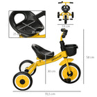 Qaba - Tricycle pour enfants de 2 à 5 ans, vélo pour tout-petits avec siège réglable - jaune-Comprend une sonnette et un panier amusants et fonctionnels 
