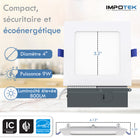 Impotek - Luminaire encastré au plafond carré DEL 4 po 9W 5CCT gradable – Paquet de 4-Garantie limitée de 5 ans du fabricant