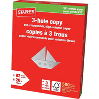 Staples - Papier copie à 3 trous certifié FSC - 8,5 po x 11 po - blanc - 500 feuilles-8 1/2 po x 11 po